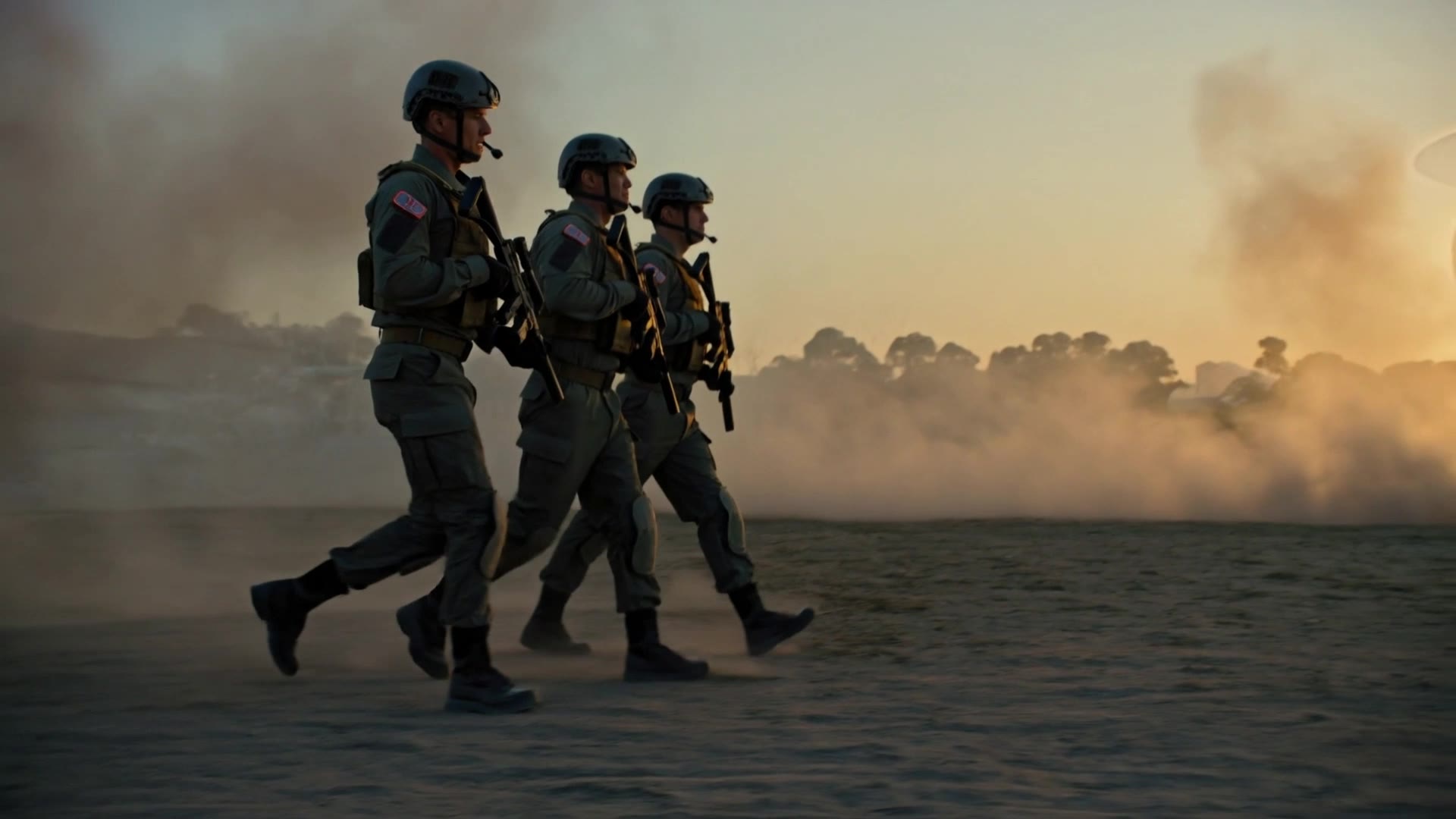 Helicopter and troops silhouetted in a cinematic sunset scene
